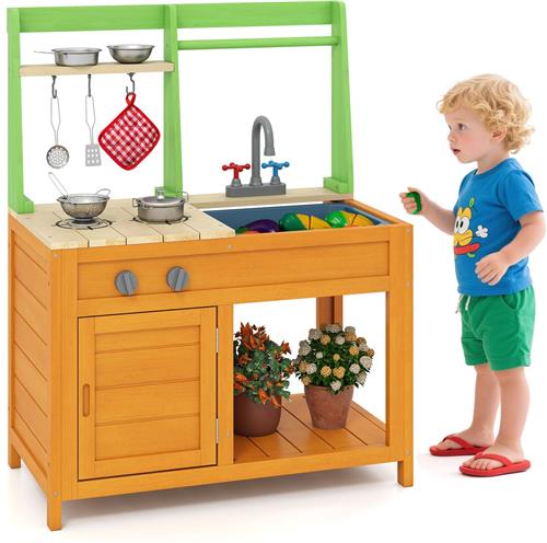 COSTWAY Modderkeuken voor kinderen, outdoor, kinderkeuken met accessoires, speelkeuken met realistische fornuizen, waterkraan, gootsteen en oven, outdoor keuken, tuinkeuken voor kinderen vanaf 3 jaar
