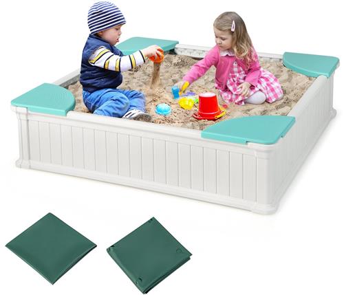 COSTWAY Zandbak voor kinderen, zandbak, 123,5 x 123,5 x 31,5 cm, met 4 geïntegreerde stoelen, zandbak van HDPE, vierkant, voor tuin, gazon (wit)