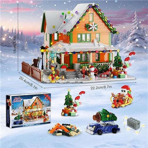 Kersthuis Mini Bouwstenenset  1961-delig Architectuurmodel met Licht  Feestelijke Klembouwstenen met Kerstman & Sneeuwscène  Cadeau voor Volwassenen & Kinderen 10+