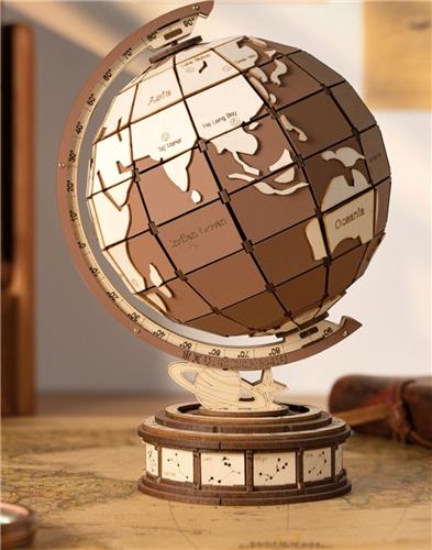 Robotime Houten 3D Puzzle - Draaiende Wereldbol met Astronomisch Uurwerk