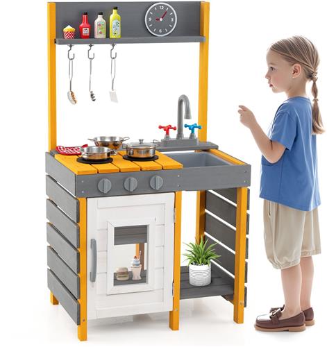COSTWAY Modderkeuken voor kinderen, speelkeuken met fornuis en afneembare gootsteen en kraan, outdoor kinderkeuken met kookaccessoires en haken, outdoorkeuken voor vanaf 3 jaar