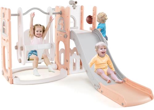 COSTWAY Montessori Kinderglijbaan met klimrek en schommel, 7-in-1 glijbaan met basketbalkorf en telescoop, voor binnen en buiten, voor kinderen vanaf 1 jaar (roze + wit)