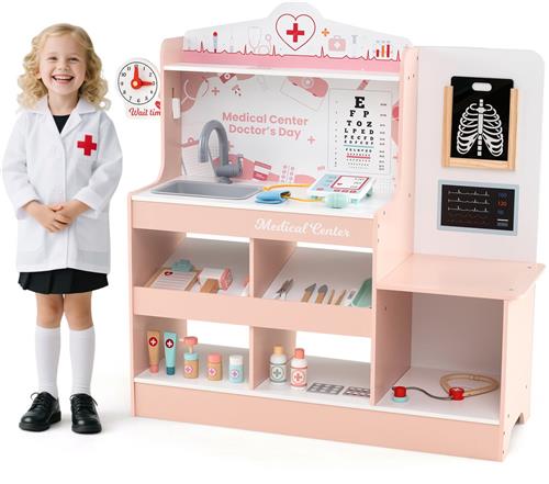COSTWAY Ziekenhuisspeelgoed, dokterspeelset hout met medische apparatuur en 24 accessoires, incl. stethoscoop & bloeddrukmeter & spuit, arts-rollenspel voor kinderen vanaf 3 jaar (roze)