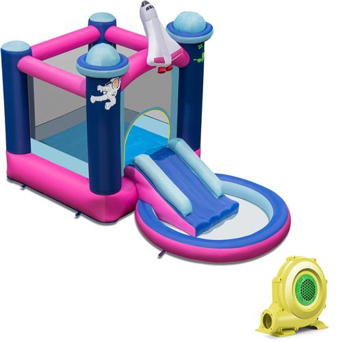 COSTWAY Springkasteel met kinderbadje, springslot met glijbaan, outdoor bouncer incl. draagtas en grondpalen, 393 x 207 x 270 cm