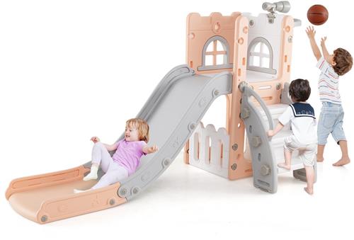 COSTWAY Kinderglijbaan, 6-in-1 kinderglijbaan met basketbalkorf en telescoop, kinderspeelplaats met opbergruimte en antislip treden, voor binnen en buiten, voor jongens en meisjes vanaf 1 jaar (roze)