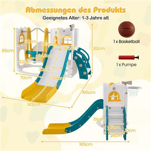 COSTWAY Montessori Kinderglijbaan met klimrek en schommel, 7-in-1 glijbaan met basketbalkorf en telescoop, voor binnen en buiten, voor kinderen vanaf 1 jaar (geel + groen)