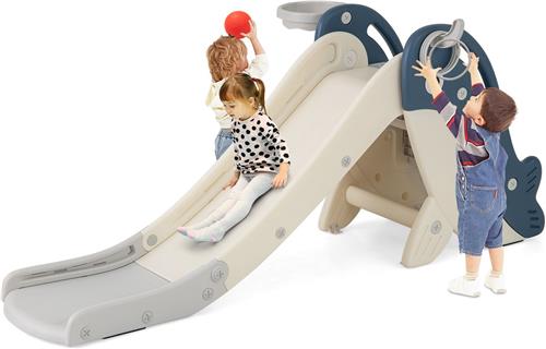 COSTWAY Kinderglijbaan, vrijstaande babyglijbaan met basketbalkorf, ringworp, bal, opblaas- en ringen, kinderglijbaan inklapbaar, indoor en outdoor speelplaats voor kinderen vanaf 3 jaar