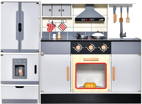 COSTWAY Kinderkeuken met afneembare koelkast, speelkeuken van hout met verlichting, muziek, geluid, 3 haken en 3 vakken, houten keuken met 12 accessoires, speelgoedkeuken voor kinderen vanaf 3 jaar