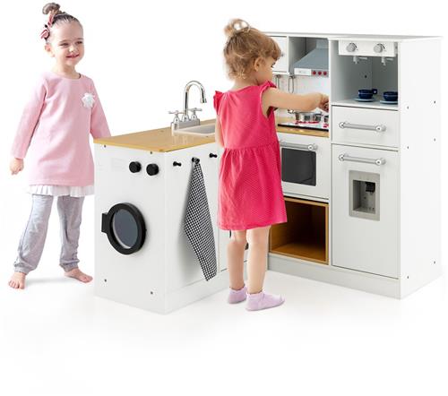 COSTWAY Kinderkeuken met kruk en speelaccessoires, hoekspeelkeuken met licht en geluid, houten keuken, speelgoedkeuken voor kinderen vanaf 3 jaar