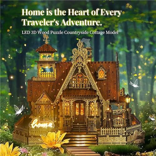 3D Houten Puzzel Plattelandshuisje  Miniatuur Bouwpakket met LED-verlichting  251-delige Doe-het-zelf Cottage  Creatief Architectuurmodel & Huisdecoratie voor Volwassenen