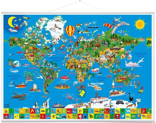 IMPERATORIS® Wereldkaart - Wanddecoratie - Luxe Stevig Papier - Werelddelen - Oceanen - Steden - Vlaggen - 45 x 65 x 0.05 cm