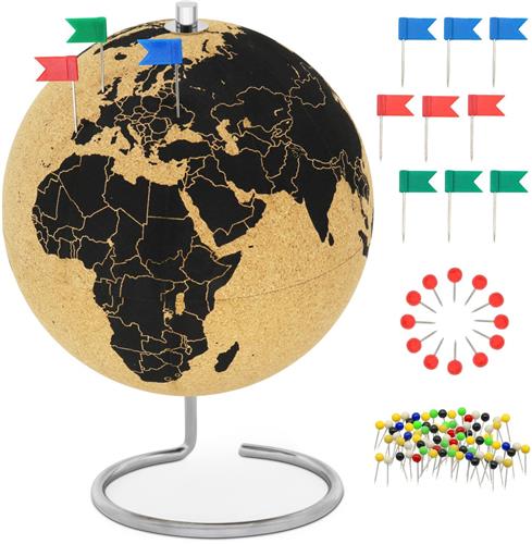 IMPERATORIS® Globe - Educatieve Wereldbol - Nauwkeurige Tijdzone voor Kinderen Leren - Aardrijkskunde Decor voor Klaslokaal en Huis -Draaibare kurken wereldbol met 104 pinnen
