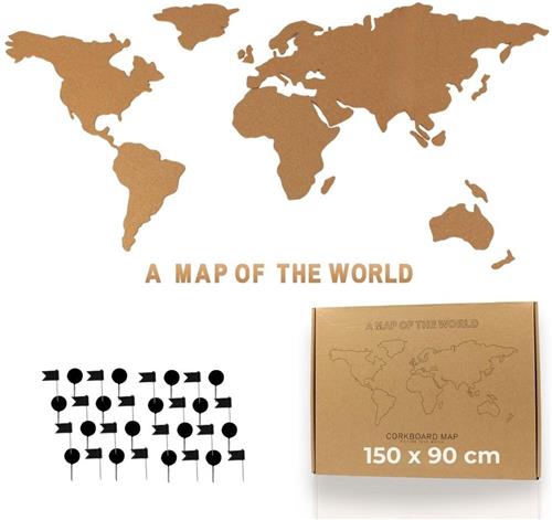 IMPERATORIS® Wereldkaart - Wanddecoratie - Luxe Stevig Papier - Werelddelen - Oceanen - Steden - Vlaggen - Kaart met 50 pinnen - 150 x 90