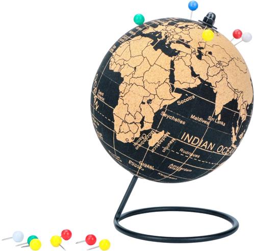 IMPERATORIS® Globe - Educatieve Wereldbol - Nauwkeurige Tijdzone voor Kinderen Leren - Aardrijkskunde Decor voor Klaslokaal en Huis - Natuurlijke kurk met 12 pinnen - 14 cm