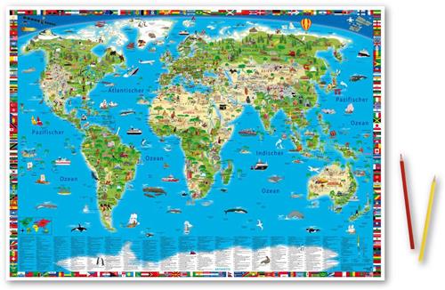 IMPERATORIS® Wereldkaart - Wanddecoratie - Luxe Stevig Papier - Werelddelen - Oceanen - Steden - Vlaggen - 45 x 65 x 0.05 cm