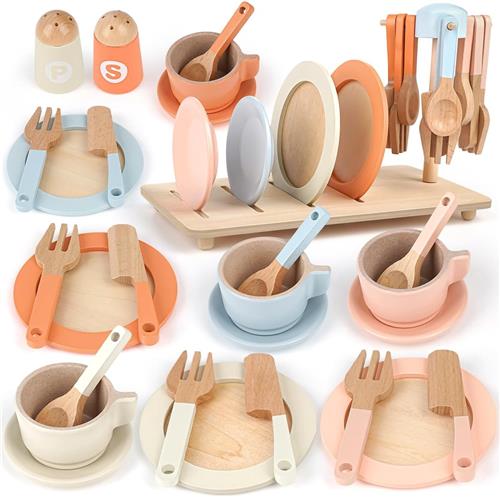 Kinderkeuken Accessoires Theeset - Houten 27-delige Serviesset - Poppen Servies - Speelkeuken Accessoires - Montessori Speelgoed - Rollenspel Keuken - Baby en Peuters 1-4 Jaar