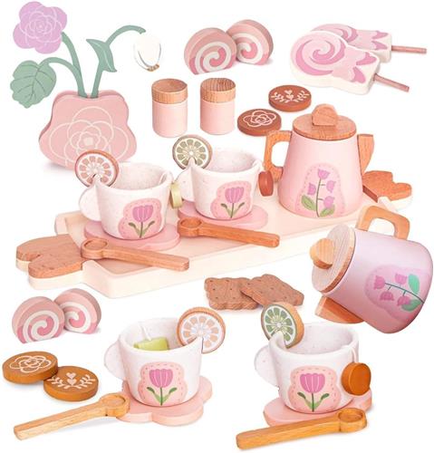 Houten Theeservies Kinderen  24 Delige Speelkeuken Set  Houten Theeset met Kopjes, Schoteltjes en Lepeltjes  Speelgoed Keukenaccessoires  Thee Servies voor Peuters en Meisjes vanaf 3 Jaar  Rollenspel Theepartijtje  Cadeau voor Meisjes 