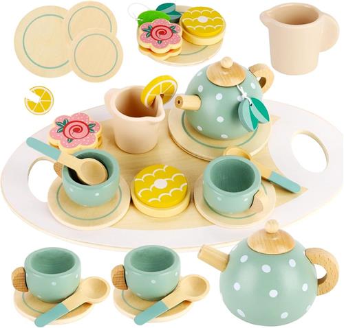 Houten Theeservies voor Kinderen - Kinderkeuken Speelset & Houten Speelgoed - Keukenaccessoires voor Peuters & Kleuters - Rollenspel & Speelkeuken Accessoires - Creatief Spel voor Meisjes en Jongens - Ideaal Cadeau 3-6 Jaar