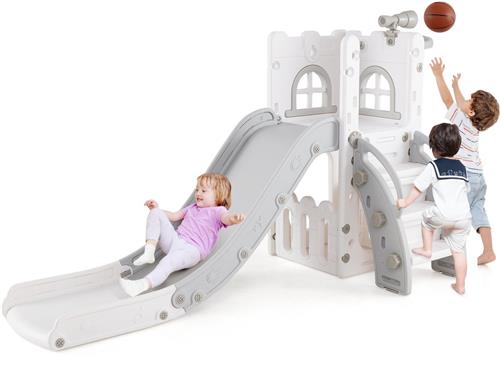 COSTWAY Kinderglijbaan, 6-in-1 kinderglijbaan met basketbalkorf en telescoop, kinderspeelplaats met opbergruimte en antislip treden, voor binnen en buiten, voor jongens en meisjes vanaf 1 jaar (grijs)