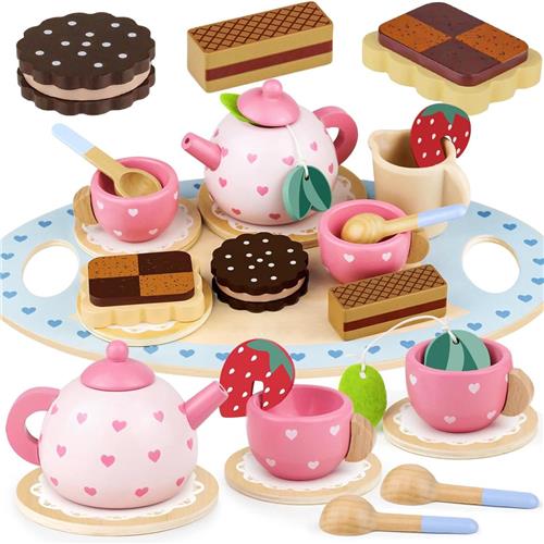 Houten Theeservies Set - Middag Thee Speelgoed - Kinderkeuken Accessoires met Koekjes en Theepot - Rollenspel Servies voor 3 4 5 Jaar Oude Meisjes en Jongens - Kinderverjaardag Cadeau - Speelgoedkeuken - Pretend Play - Educatief Speelgoed