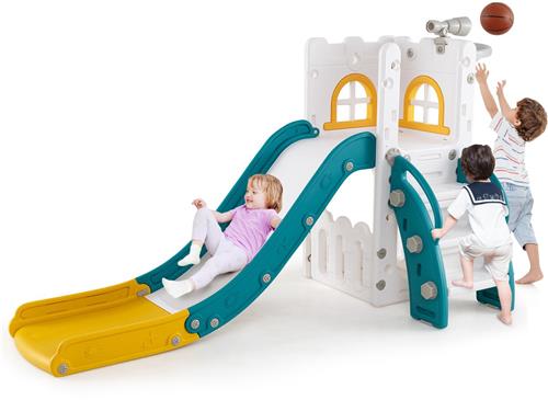 COSTWAY Kinderglijbaan, 6-in-1 kinderglijbaan met basketbalkorf en telescoop, kinderspeelplaats met opbergruimte en antislip treden, voor binnen en buiten, voor jongens en meisjes vanaf 1 jaar (groen)