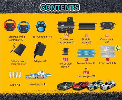 High-Speed Tram Slotracebaan Dual Track  1:64 Race Set met 4 Voertuigen, LED-koplampen, 2 Handcontrollers, Lap Counter & Looping  Duurzame Elektrische Racebaan voor Kinderen