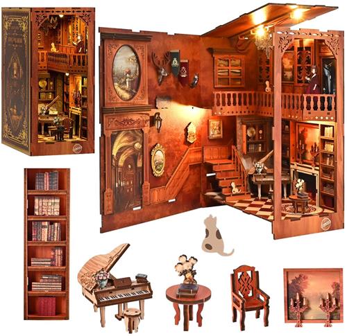 IMPERATORIS® DIY Magic Book Nook Kit met LED-licht - Miniatuur Huisje - Creatieve Decoratie voor Boekenplank of Bureau - Ideaal Cadeau voor Jongens en Meisjes - Retro Bibliotheekstijl