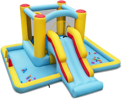 COSTWAY Springkasteel met glijbaan, tunnel, basketbalkorf en ringwerpspel, voor binnen en buiten, incl. kleurrijke ballen, basketbal, reparatieset, 394 x 389 x 194 cm