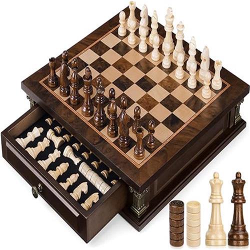 Luxe 2-in-1 Magnetisch Houten Schaak- & Damespel  Vintage Design met Opberglades  Handgemaakt Reisschaakspel voor Kinderen & Volwassenen  32 x 32 cm Premium Bordspel