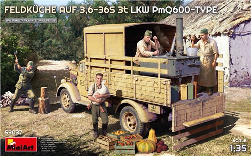 MiniArt Modelbouwpakket Auto - 53037 Opel Blitz Feldküche auf 3,6-36S 3t LKW PmQ 600-Type - Duits Militair Voertuig Plastic - 1:35 - Modelbouw
