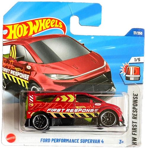 HOT WHEELS FORD PERFORMANCE SUPERVAN 4 BUS 17/250 RESQUE RED 1:64 17/250 HW FIRST RESPONSE 1/5 SHORT CARD