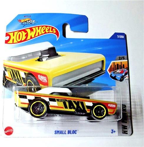 HOT WHEELS SMALL BLOC TAXI CAB BLACK YELLOW 7/250 1:64 HW METRO 2/5 SHORT CARD