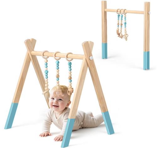 COSTWAY Babyspeelboog van hout, inklapbaar, babygym met 3 afneembare kinderspeelgoed, speeltrapeze voor baby's ouder dan 3 maanden, houten speelgoed voor de ontwikkeling van de hersenen (groen)