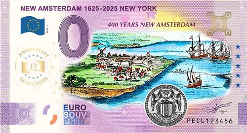 0 Euro biljet Nederland 2025 - New Amsterdam 1625-2025 New York ANNIVERSARY KLEUR