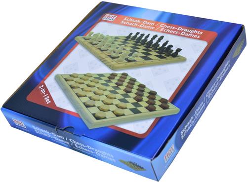 Schaak-Dam-Set hout bedrukt 29x29 cm.