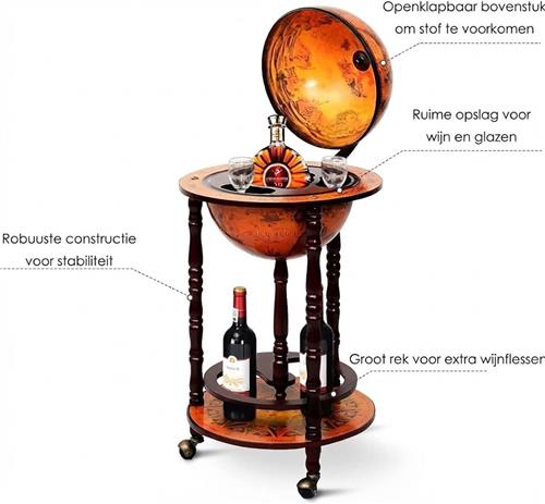 Wereldbol Bar op Wielen  Houten Barwagen  Huisbar met Wijnrek & Glazenhouder  45 × 45 × 88 cm  Bruin