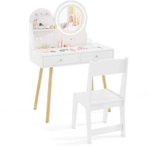 COSTWAY Make-uptafel voor kinderen met verlichting, 2-in-1 kaptafel met spiegel, 2 laden, plank en 3 haken, kaptafel van hout voor meisjes vanaf 3 jaar, wit