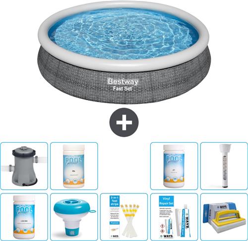 Bestway Rond Opblaasbaar Fast Set Zwembad - Rotanprint - 366 x 76 cm - Inclusief Pomp Chloor - Chloordrijver - Testrips - Reparatiesetje - Scrubborstel - PH-min - PH-plus - Thermometer