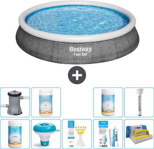 Bestway Rond Opblaasbaar Fast Set Zwembad - Rotanprint - 396 x 84 cm - Inclusief Pomp Chloor - Chloordrijver - Testrips - Reparatiesetje - Scrubborstel - PH-min - PH-plus - Thermometer