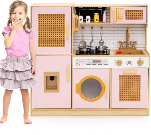 COSTWAY Kinderkeuken, speelkeuken, houten keuken met rotandeuren, licht en geluid, koelkast, waterdispenser, wasmachine en kookaccessoires, speelgoedkeuken voor kinderen vanaf 3 jaar (roze)