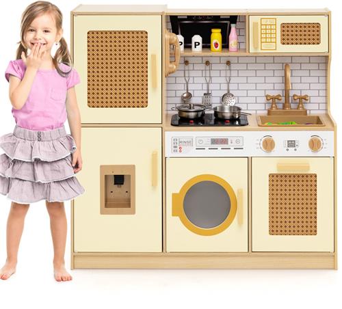 COSTWAY Kinderkeuken, speelkeuken, houten keuken met rotandeuren, licht en geluid, koelkast, waterdispenser, wasmachine en kookaccessoires, speelgoedkeuken voor kinderen vanaf 3 jaar (geel)