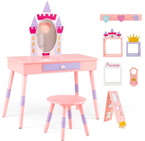 COSTWAY 2-in-1 kindermake-uptafel met kruk, kaptafelset van hout met lade, afneembare spiegel, groeiliniaal, 3 haken en 3 kubusplanken, kaptafel voor kinderen vanaf 3 jaar, roze