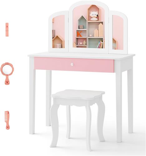 COSTWAY 2-in-1 make-uptafelset, kaptafel met drievoudig inklapbare spiegel en lade, prinsessen make-uptafel met make-upkruk, make-upcommode kindertafel voor kinderen en meisjes (wit)