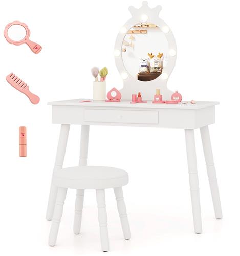 COSTWAY Make-uptafel voor kinderen, met verlichting, 2-in-1 kaptafel prinses met afneembare spiegel en lade, houten kaptafel met kruk, voor meisjes van 3 tot 7 jaar (wit)