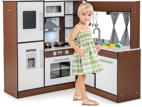 COSTWAY Kinderkeuken met waterpompfunctie, speelkeuken hout met licht en geluid, kinderkeuken incl. accessoires & manden & gordijnen & kap, multifunctionele speelgoedkeuken voor kinderen vanaf 3 jaar