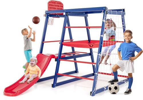 COSTWAY Klimrek voor buiten, 7-in-1 speelplaats met glijbaan, klimladder, breiladder, voetbalnet, basketbalmand, stoffen platform en kunststof platform, voor 3-4 kinderen, 150 x 142 x 146 cm