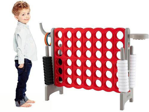 COSTWAY Enorme 4 winnen speelset met basketbalkorf en werpspel, incl. 42 jumbo-ringen en schuifregelaar om snel opnieuw te starten, vier in een rij spel groot (rood + grijs)