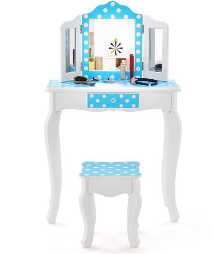 COSTWAY Make-uptafel voor kinderen, 2-in-1, kaptafel, bureau met drievoudig inklapbare spiegel en afneembare plaat en lade, make-upcommode in prinsessenstijl (puntblauw)