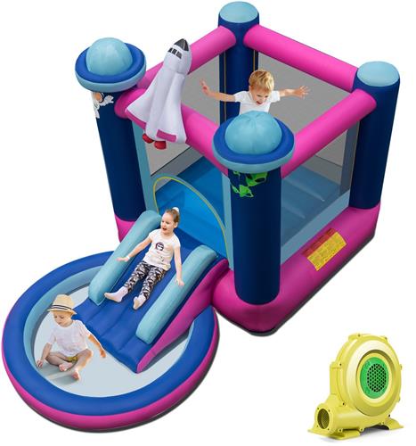 COSTWAY Springkasteel met ventilator, kinderbadje, springslot met glijbaan, outdoor bouncer incl. draagtas en grondpalen, 393 x 207 x 270 cm