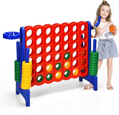 COSTWAY 4 in een lijn spel, 4 wint speelset met basketbalkorf en werpspel, incl. 42 jumbo-ringen en schuifregelaar om snel opnieuw te beginnen, vier in een rij grote spels (rood + blauw)